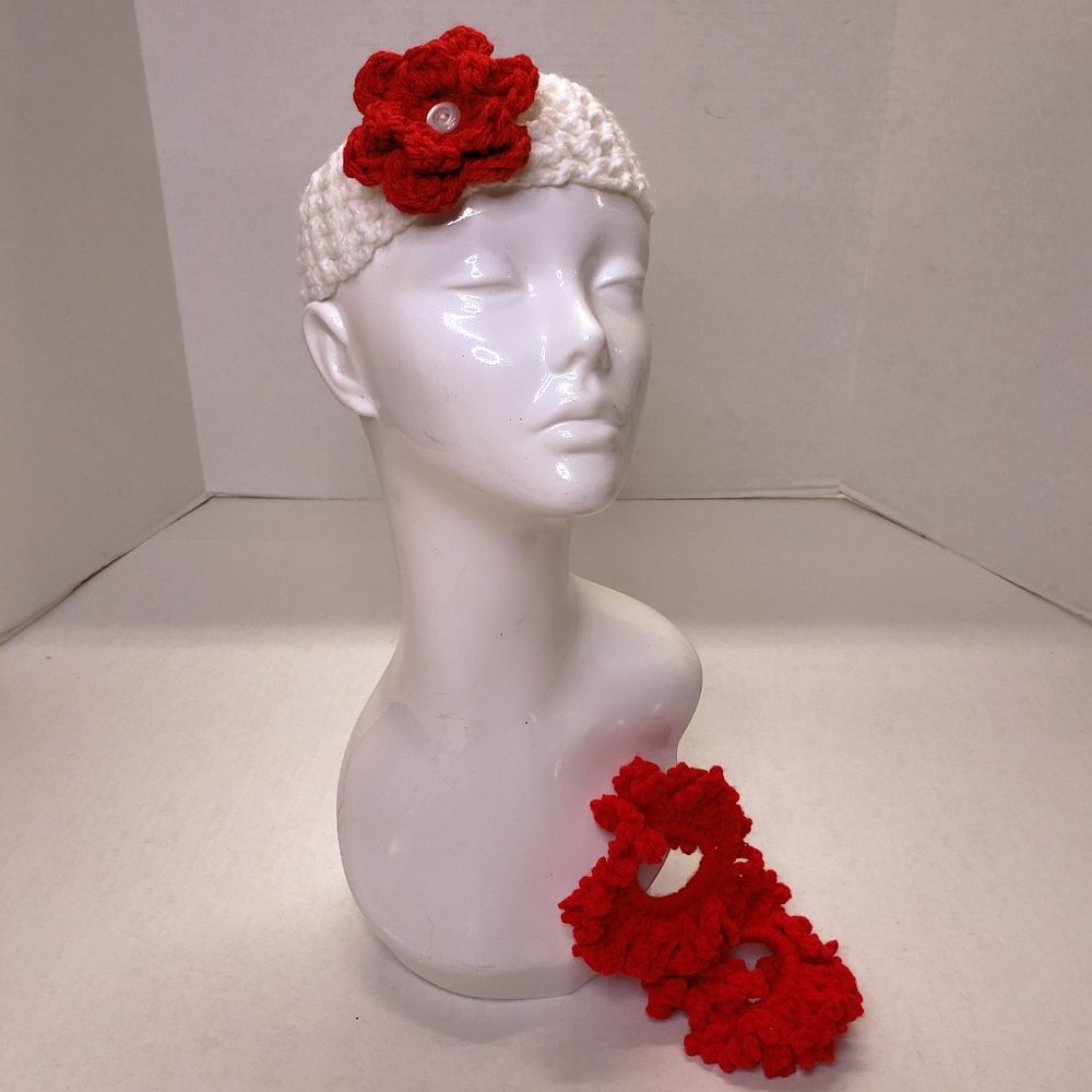 Woman's Handmade Crochet 2 Scrunchies and Flower Headband Red & white